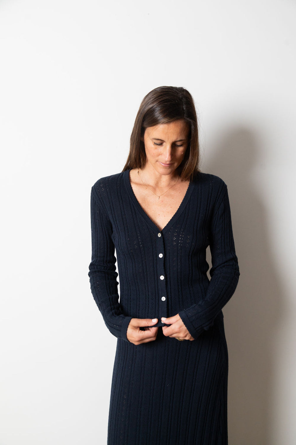 Monica V Neck Cotton Pointelle Cardigan | Navy