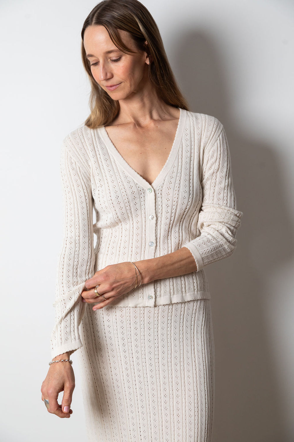 Monica V Neck Cotton Pointelle Cardigan | Ecru
