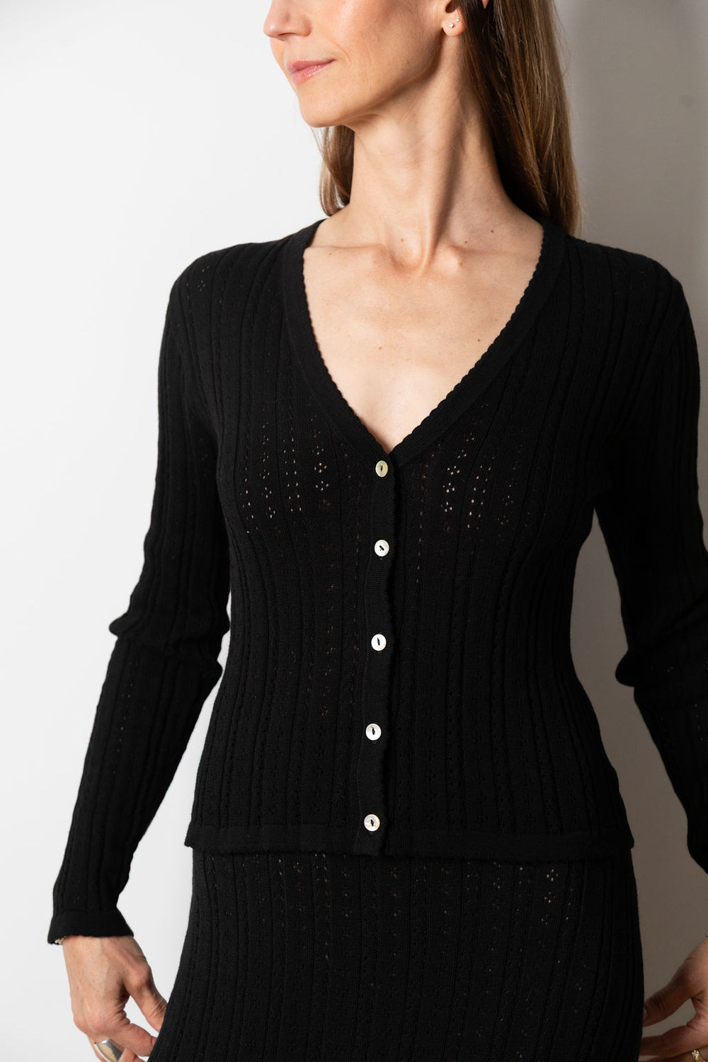 Monica V Neck Cotton Pointelle Cardigan | Black